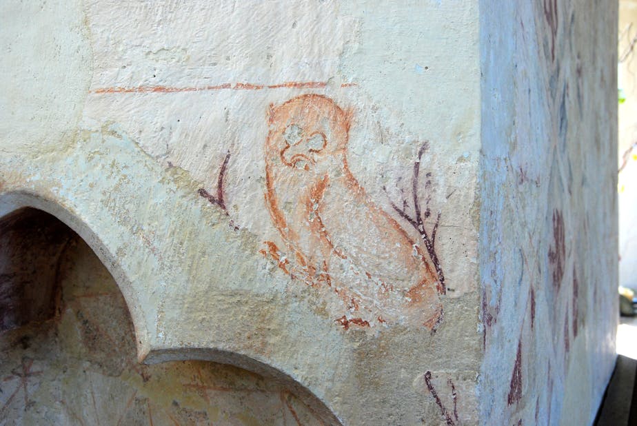 Short-Eared Owl, medieval mural, Hailes Church, England