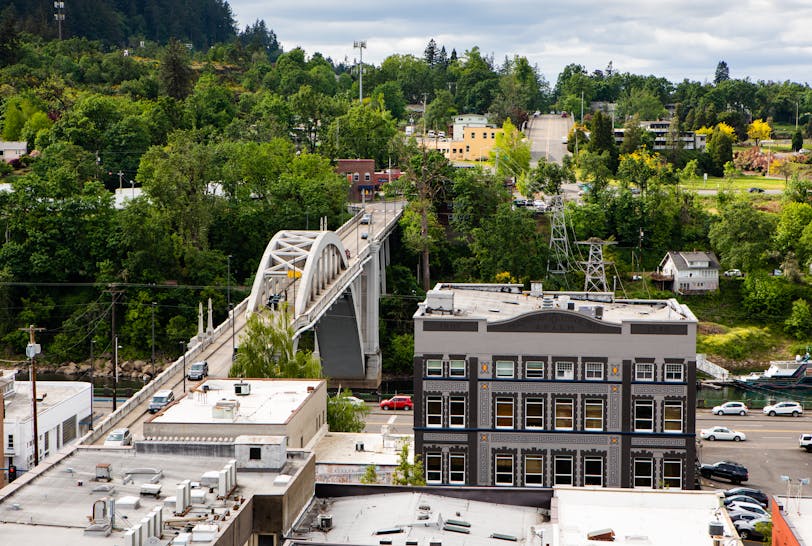 Arch Bridge and Masonic Temple from Above, Oregon City, Oregon