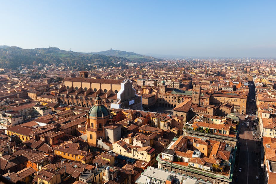 Basilica and Piazza Maggiore from Above, Bologna, Italy