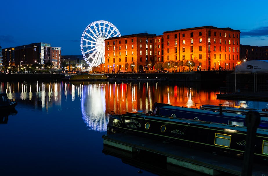 Albert Dock and Wheel from NE, Liverpool, England