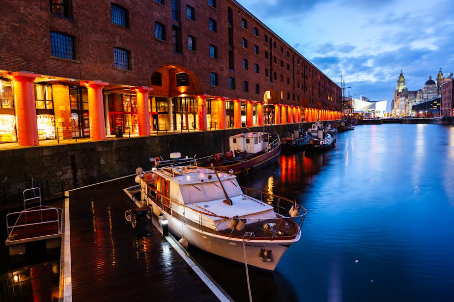 Pier Head from Albert Dock at Dusk, Liverpool, England