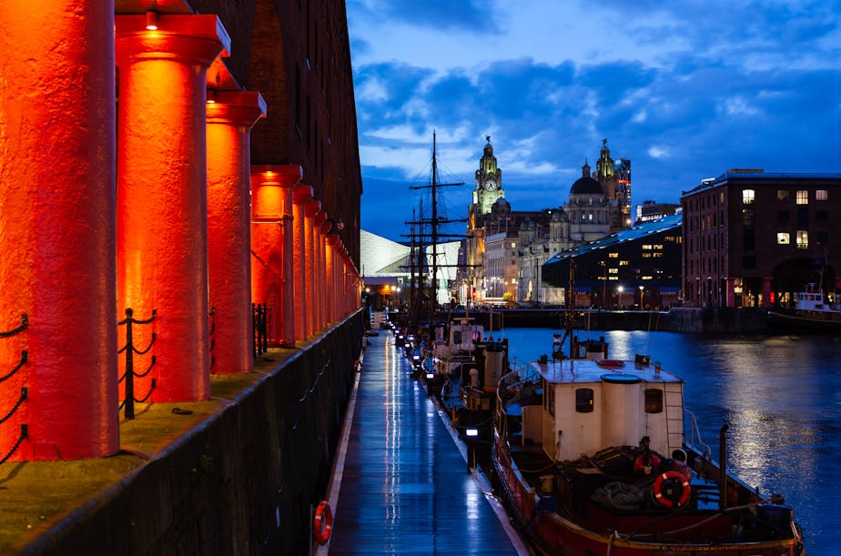 Pier Head from Albert Dock at Dusk, Liverpool, England