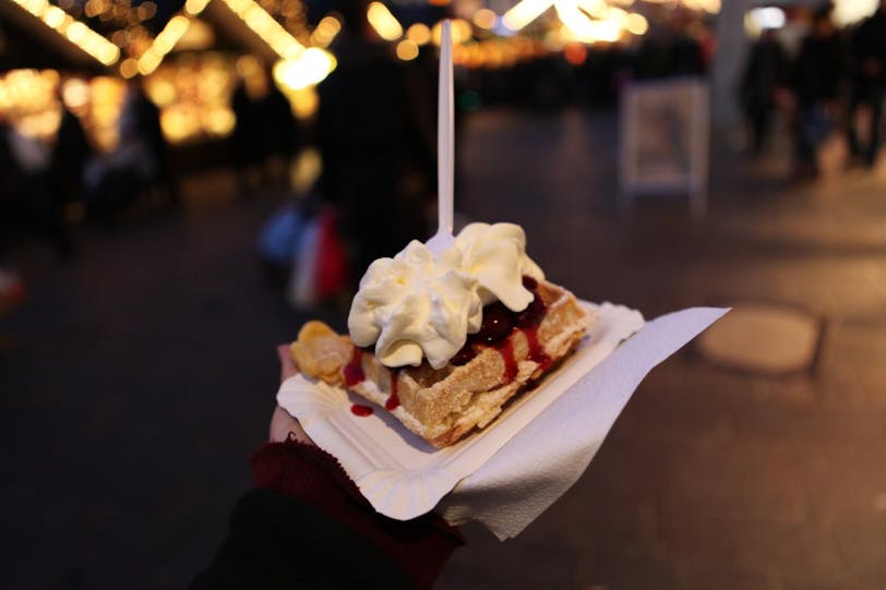 Waffle with hot cherries at Trier Christmas Market
